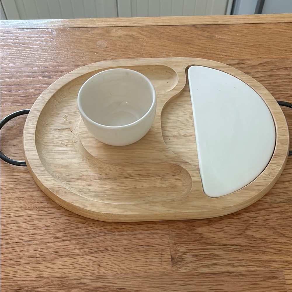 Wood and White Kitchen Serving Tray with Ceramic Bowl
